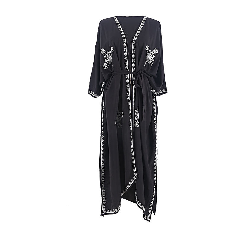 Rayon Embroidered Loose Long Cardigan Beach Sun Protection Coat Beach Cover Up Swimsuit Outwear Women Bella Mia