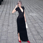 Winter Women Clothing Sexy Deep V Plunge Short Sleeve Solid Color Sexy Pleated Maxi Dress Bella Mia