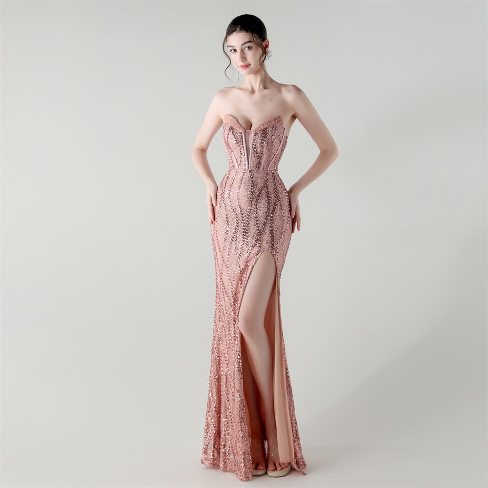 Boning Corset Waist Tight Heavy Industry Beads Heart Shaped Collar Sequined Evening Dress Luxury Cocktail Evening Dress Bella Mia