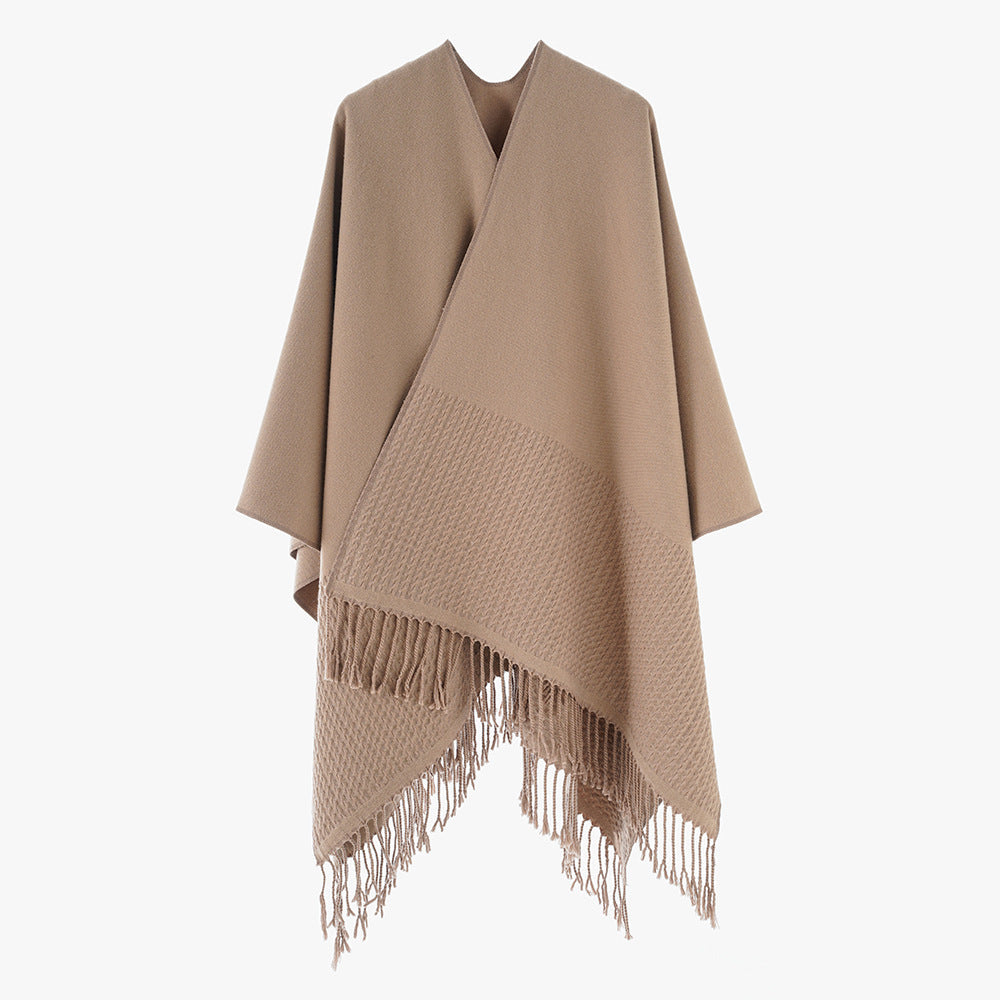 Solid Color Cashmere like Tassel Large Split Shawl Warm Monochrome Cape Plain Shawl Bella Mia