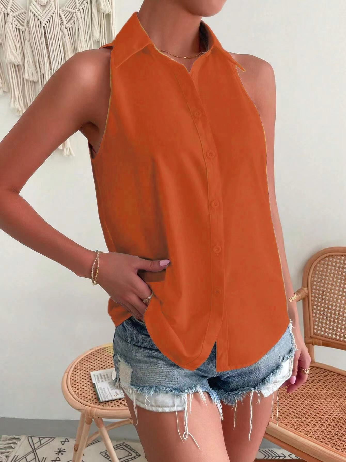 Satin Sleeveless Shirt Women Spring Satin Top Casual Office Solid Color Shirt Supply Bella Mia