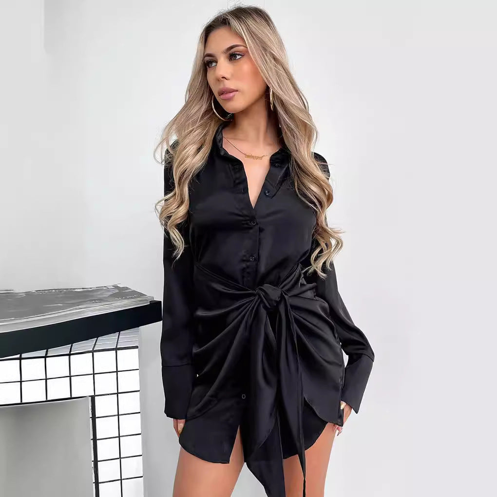 Long Sleeve Women Clothing Spring Autumn Black Button Tied Dress Bella Mia