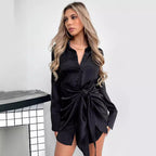 Long Sleeve Women Clothing Spring Autumn Black Button Tied Dress Bella Mia