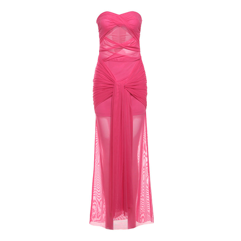 Spring Women Clothing Sexy Tube Top off Neck See through Tied Slim Fit Dress for Women Bella Mia