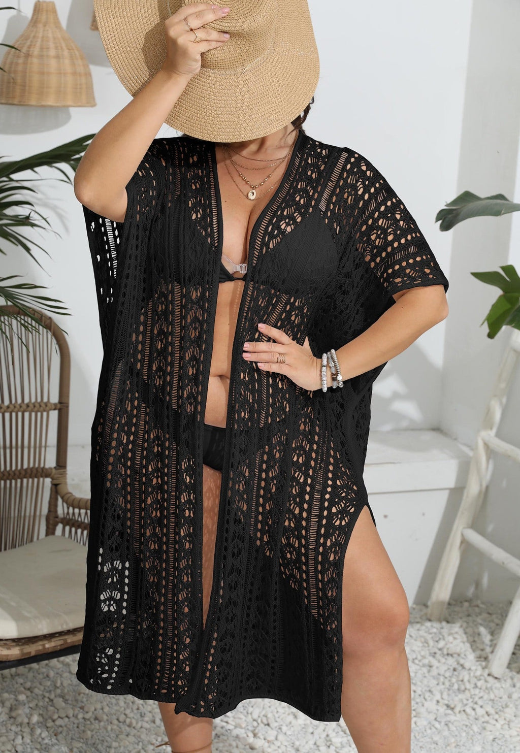 Women Coat Women Clothes Sexy Cutout Woven Bikini Cover Up Short Sleeved Cardigan Bella Mia