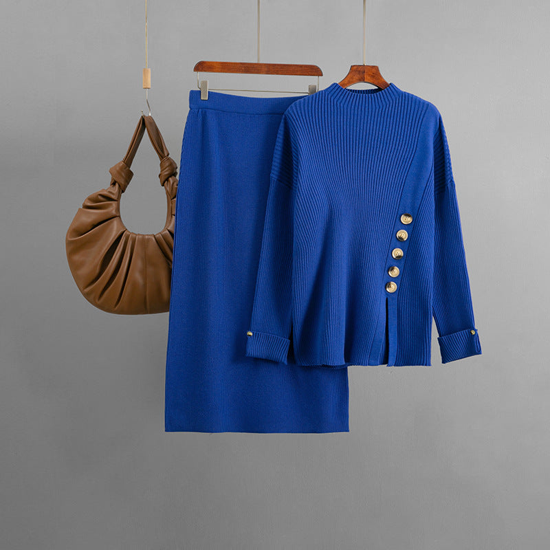 Women Autumn Winter Side Slit Fastener Decoration Sweater Skirt Two Piece Sets Bella Mia