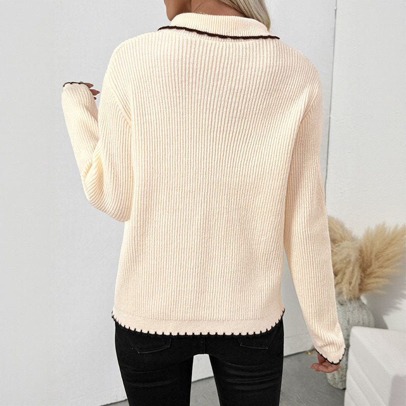 Sweet Chanel Bow Lace up Turn down Collar Trim Contrast Color Sweater Women Cardigan Bella Mia