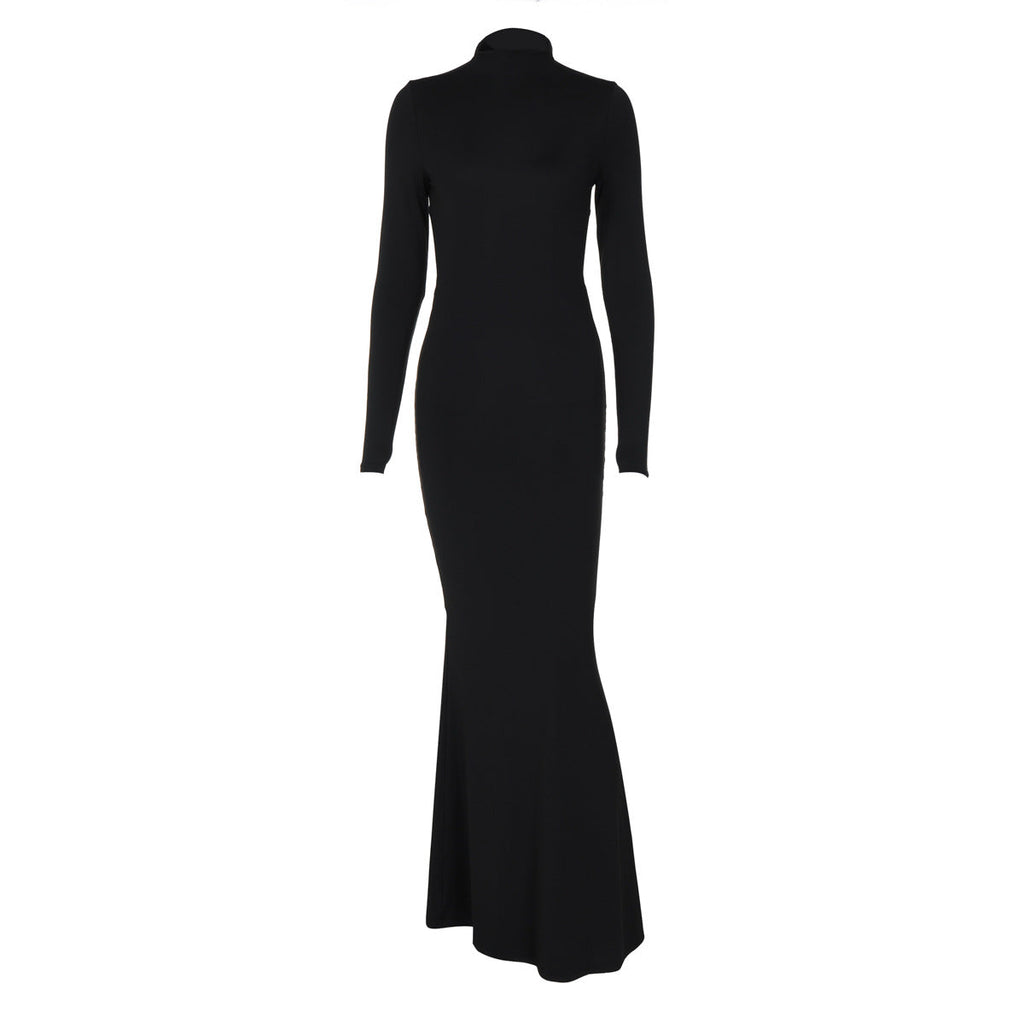 Women Autumn Solid Color Half Collar Long Sleeve Sexy Personalized Bare Back Maxi Dress Bella Mia