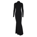 Women Autumn Solid Color Half Collar Long Sleeve Sexy Personalized Bare Back Maxi Dress Bella Mia