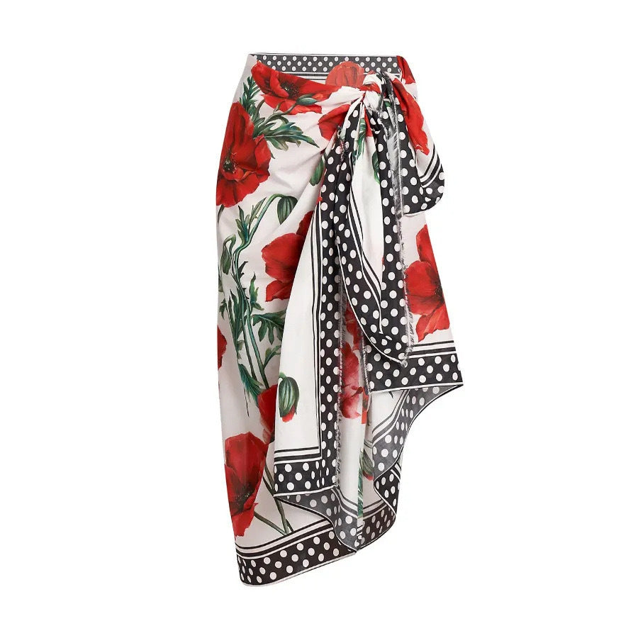Printing One Piece Women Swimwear French Retro Cover Belly Slimming Swimsuit Chiffon Sand Bella Mia