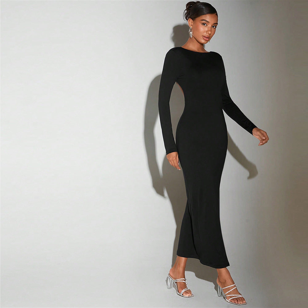 Sexy Socialite Dress Autumn Winter round Neck Bare Back Design Mid Length Dress Bella Mia