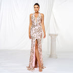 Women Clothing High End V neck Halter Slim Fit Sheath Sequined Cocktail Split Evening Dress Bella Mia