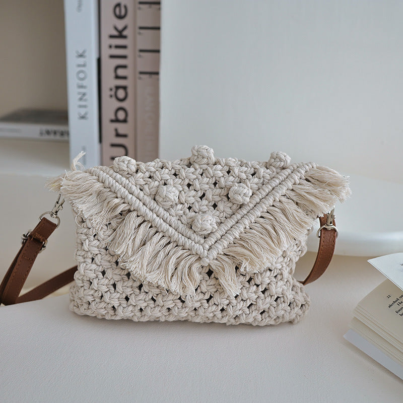Beanie Crossbody Cotton Thread Woven Bag Women Tassel Bag Cover Shoulder Straw Bag Vacation Beach Bag Bella Mia