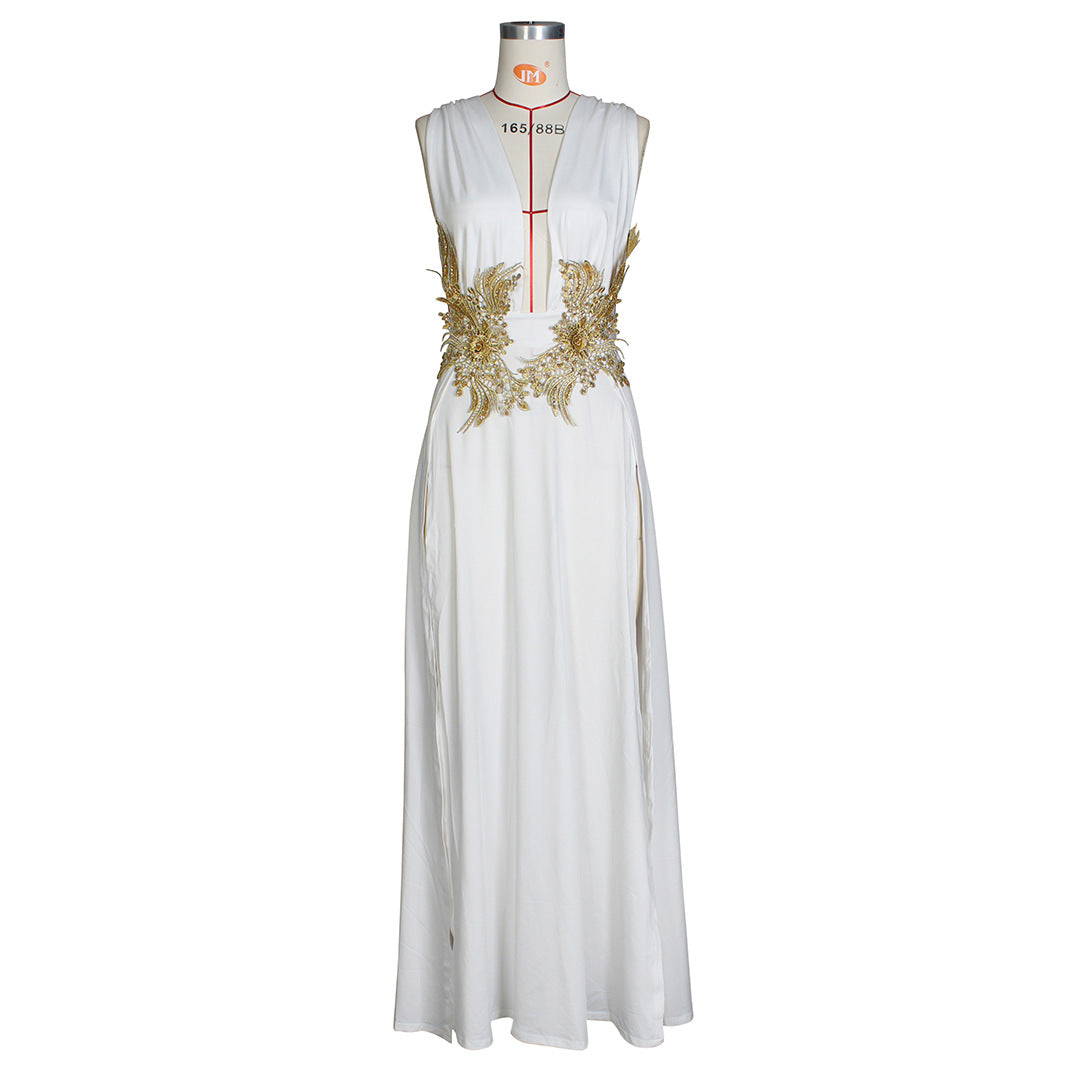 New Ladies Maxi Dress Sexy Fashion Wedding Evening Dress Deep V Plunge Plunge High Slit Part Large Swing Mop Dress Bella Mia