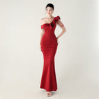 Ruffled One Shoulder Heavy Industry Beads String Slim Fit Satin Fishtail Evening Dress Wedding Red Carpet Cocktail Dress Bella Mia