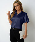 Solid Color Satin Women Clothing with Shoulder Stand Collar Short Sleeve Shirt Satin Shirt Bella Mia