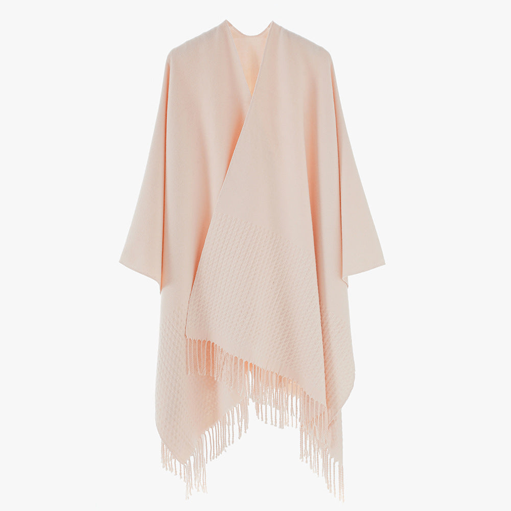 Solid Color Cashmere like Tassel Large Split Shawl Warm Monochrome Cape Plain Shawl Bella Mia