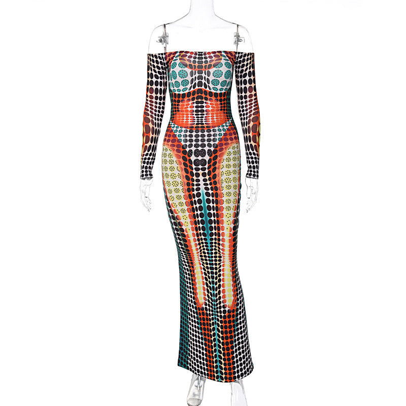 Spring Women Clothing Featured Faux off Neck Stitching Long Sleeve Slim Expansion Dress Bella Mia