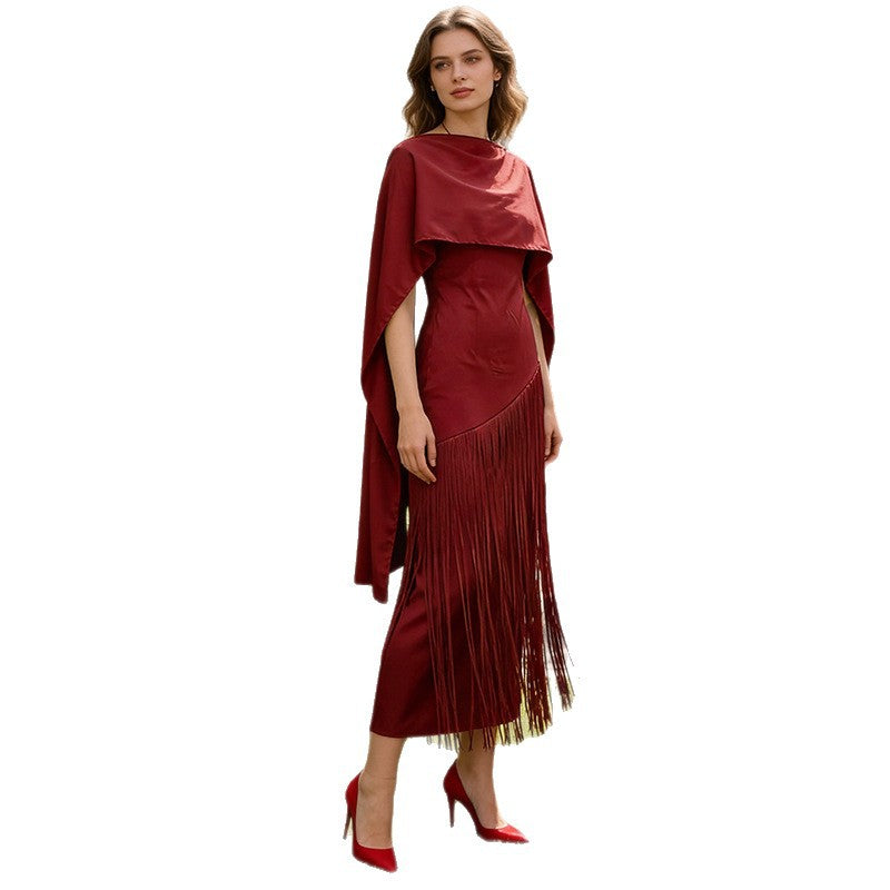 Spring Elegant Retro Faux Two Piece Long Skirt Shawl Design Tassel Dress Swing Dress Women Bella Mia