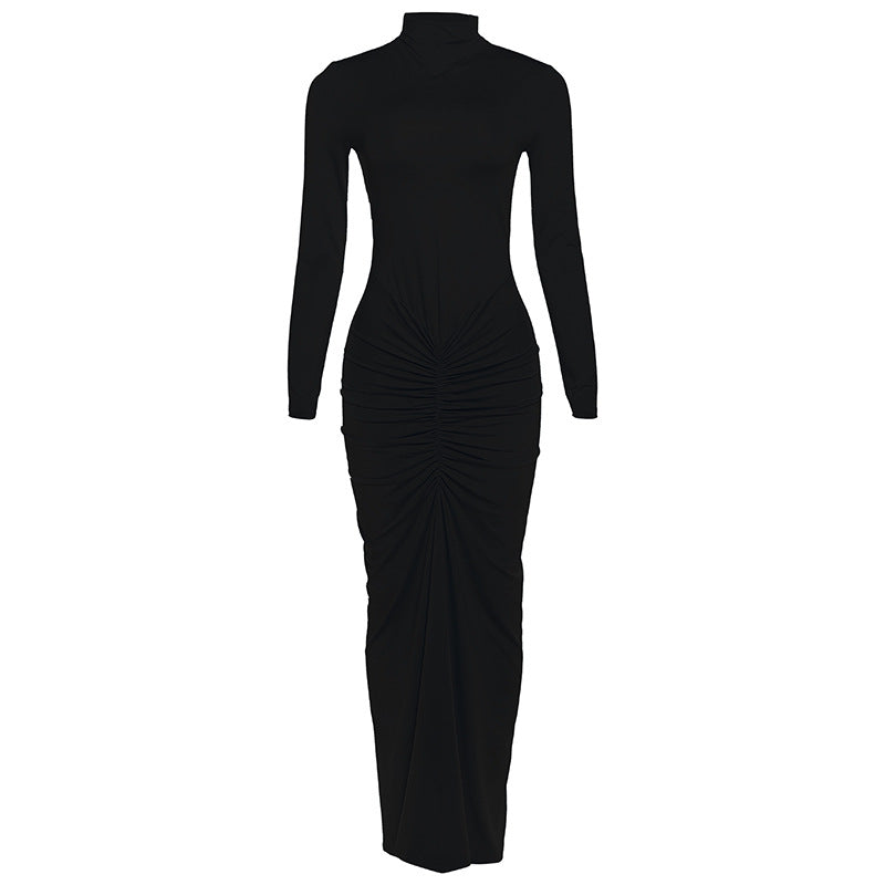 Women Clothing Autumn Solid Color Elegant Slim Slimming Pleated Turtleneck Long Sleeve Dress Bella Mia