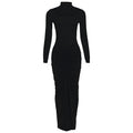 Women Clothing Autumn Solid Color Elegant Slim Slimming Pleated Turtleneck Long Sleeve Dress Bella Mia