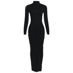 Women Clothing Autumn Solid Color Elegant Slim Slimming Pleated Turtleneck Long Sleeve Dress Bella Mia