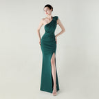 One Shoulder Three Dimensional Floral Satin Folding High Slit Sexy Evening Dress Dinner Wedding Social Bella Mia