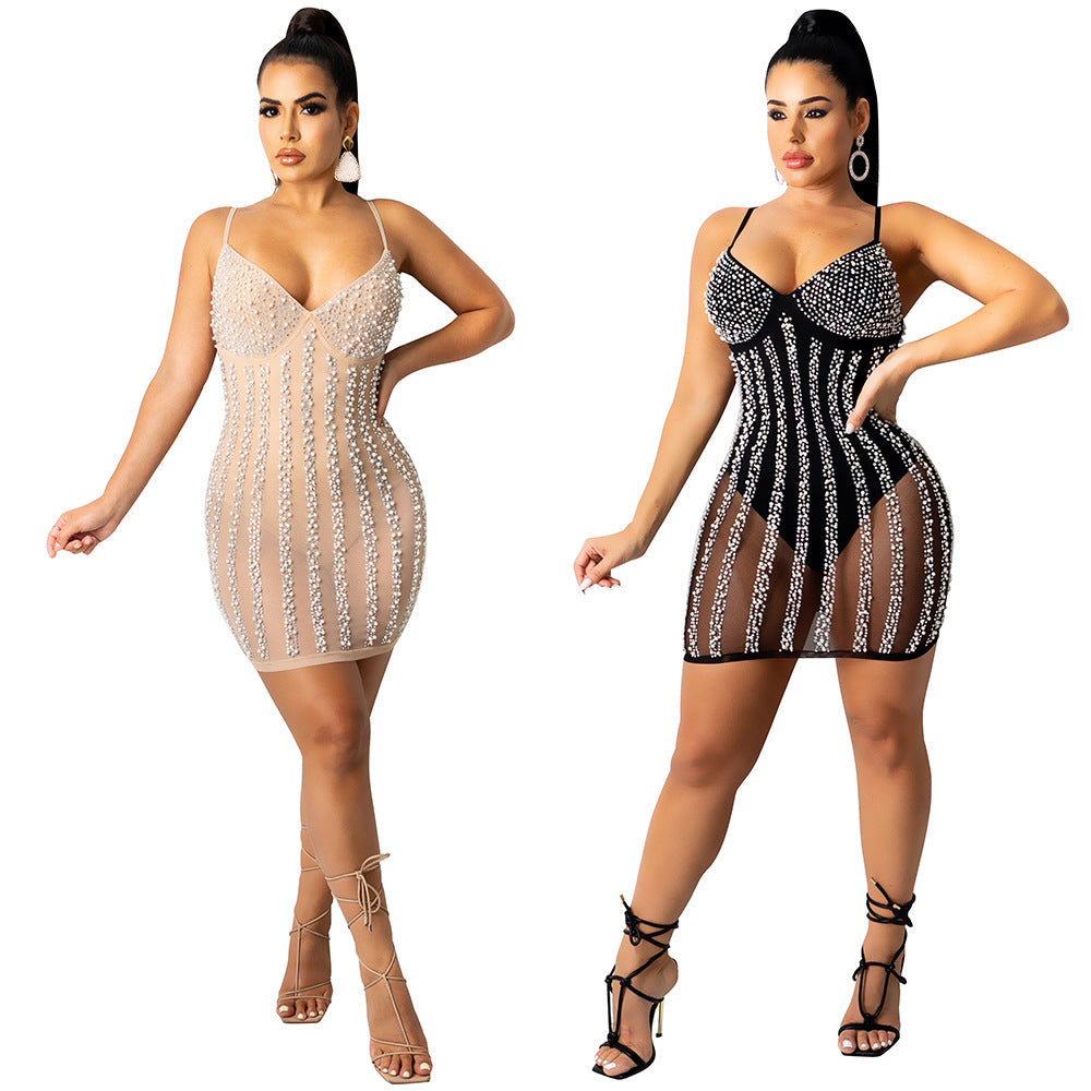 Rhinestone Pearl See-through V-neck Brace Sexy Dress Nightclub Uniforms Plus size Bella Mia