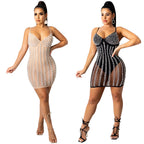 Rhinestone Pearl See-through V-neck Brace Sexy Dress Nightclub Uniforms Plus size Bella Mia