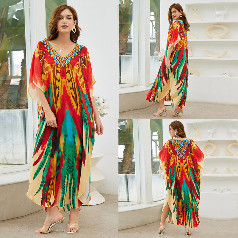 Rayon Printed Loose plus Size Robe Beach Cover up Vacation Maxi Dress Sun Protection Shirt Women Bella Mia