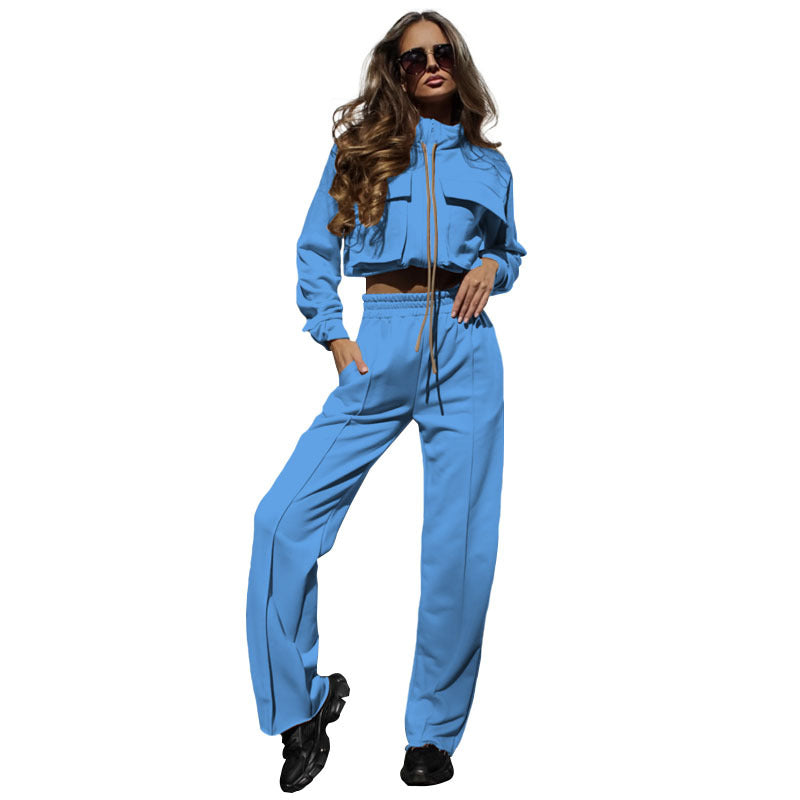 Autumn Winter Solid Color Zipper Double Bag Drawstring Long Sleeve Top Casual Trousers Suit Women Bella Mia