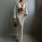 Summer Beach Women Solid Color Sexy Knitted Beach Bikini Swimsuit Blouse Sun Proof Set Bella Mia