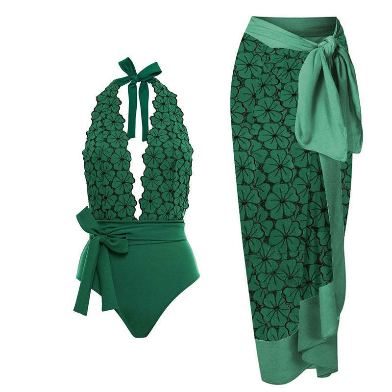 Women One Piece Swimming Bandage Women Tight Retro Printed Bikini Swimsuit Chiffon Skirt Set Bella Mia