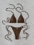Bikini Solid Color Beaded Lace up Sexy Split Bikini Swimsuit Swimwear Women Bella Mia