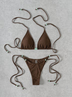 Bikini Solid Color Beaded Lace up Sexy Split Bikini Swimsuit Swimwear Women Bella Mia