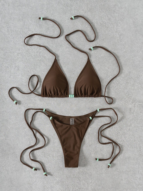 Bikini Solid Color Beaded Lace up Sexy Split Bikini Swimsuit Swimwear Women Bella Mia