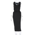 Women Clothing Summer Solid Color U Collar Lace up Cutout Sexy Slit Tight Dress Bella Mia