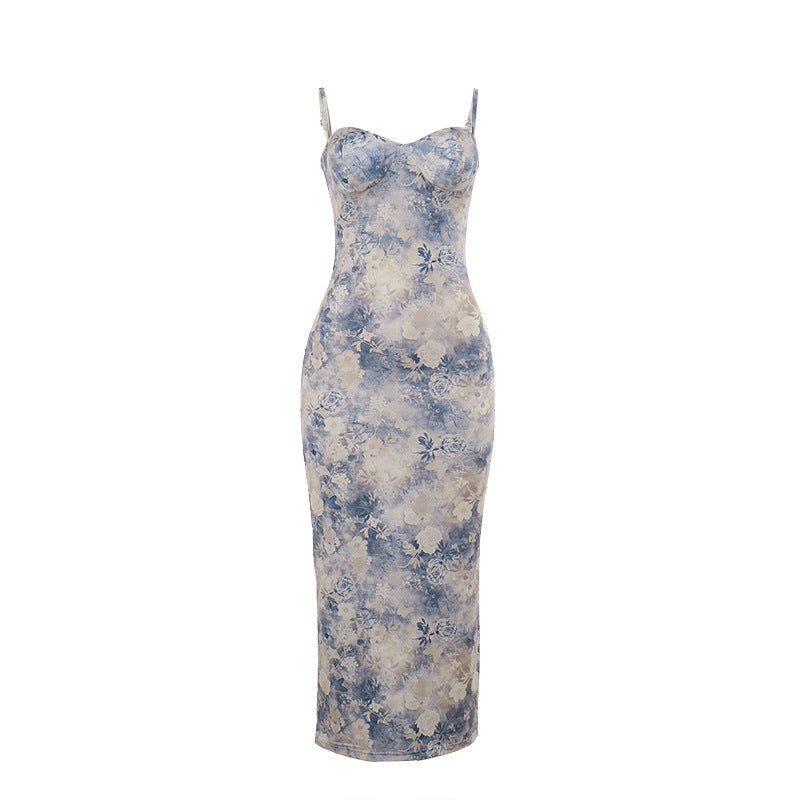Chest Showing Printing Slip Dress Women Spring Elegant Vacation Dress Bella Mia