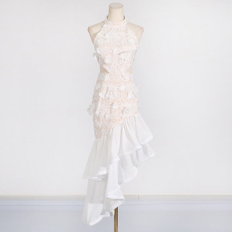 Elegant Simple High Sense Summer round Neck Sleeveless Cropped Outfit Three Dimensional Floral Irregular Asymmetric Dress Bella Mia
