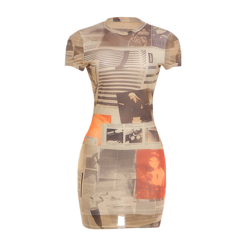 Spring Women Wear Round neck Short sleeve Slim fit Sexy Sheath Mini Dress Printed One piece Dress Bella Mia
