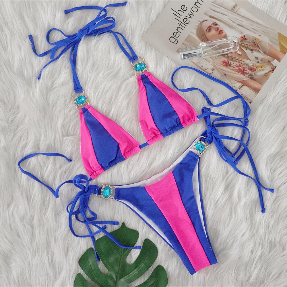 Sexy Crystal Diamond Bikini Solid Color Patchwork Bandage Swimsuit Vacation Split Women Swimsuit Bella Mia