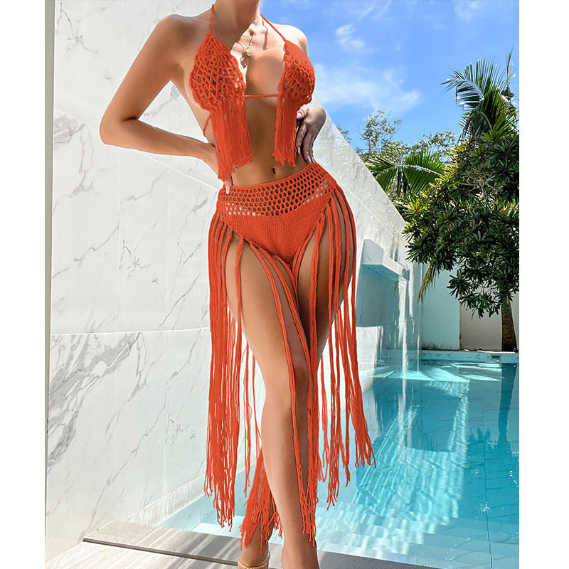 Beach Tourism Hand Crocheting Three Dimensional Floral Tassel Beach Sexy Open Back Swimsuit Bikini Set Crochet hook Bella Mia