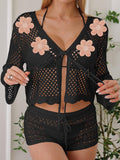 Women Lace up Cardigan Women Hollow Out Cutout out Woven Embroidered Floral Stitching Beach Sun Protection Long Sleeved Blouse Casual Coat