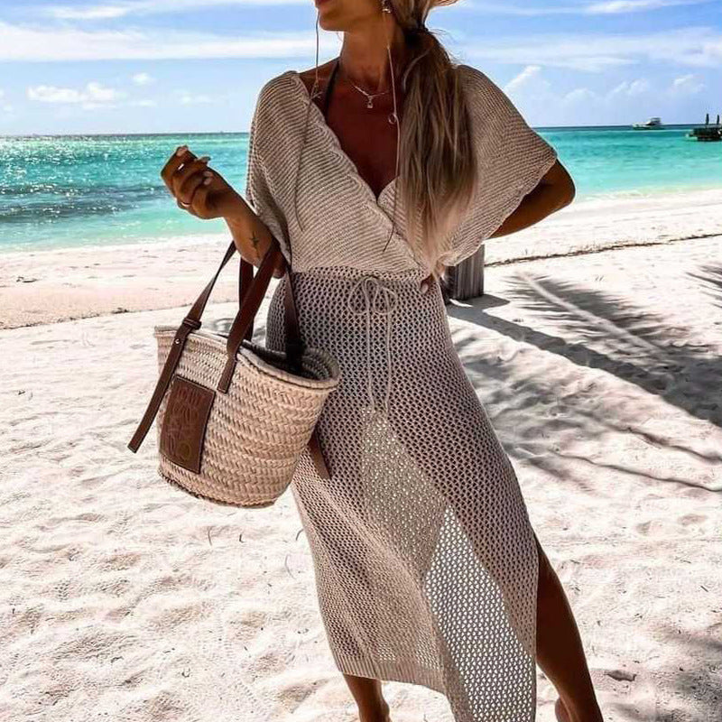 Summer Beach Dress Sexy Slit Short Sleeve Hollow Out Cutout out Strap Bikini Sun Shield Hanfu Long Robe Dress Crochet hook Crochet hook Crochet hook Bella Mia