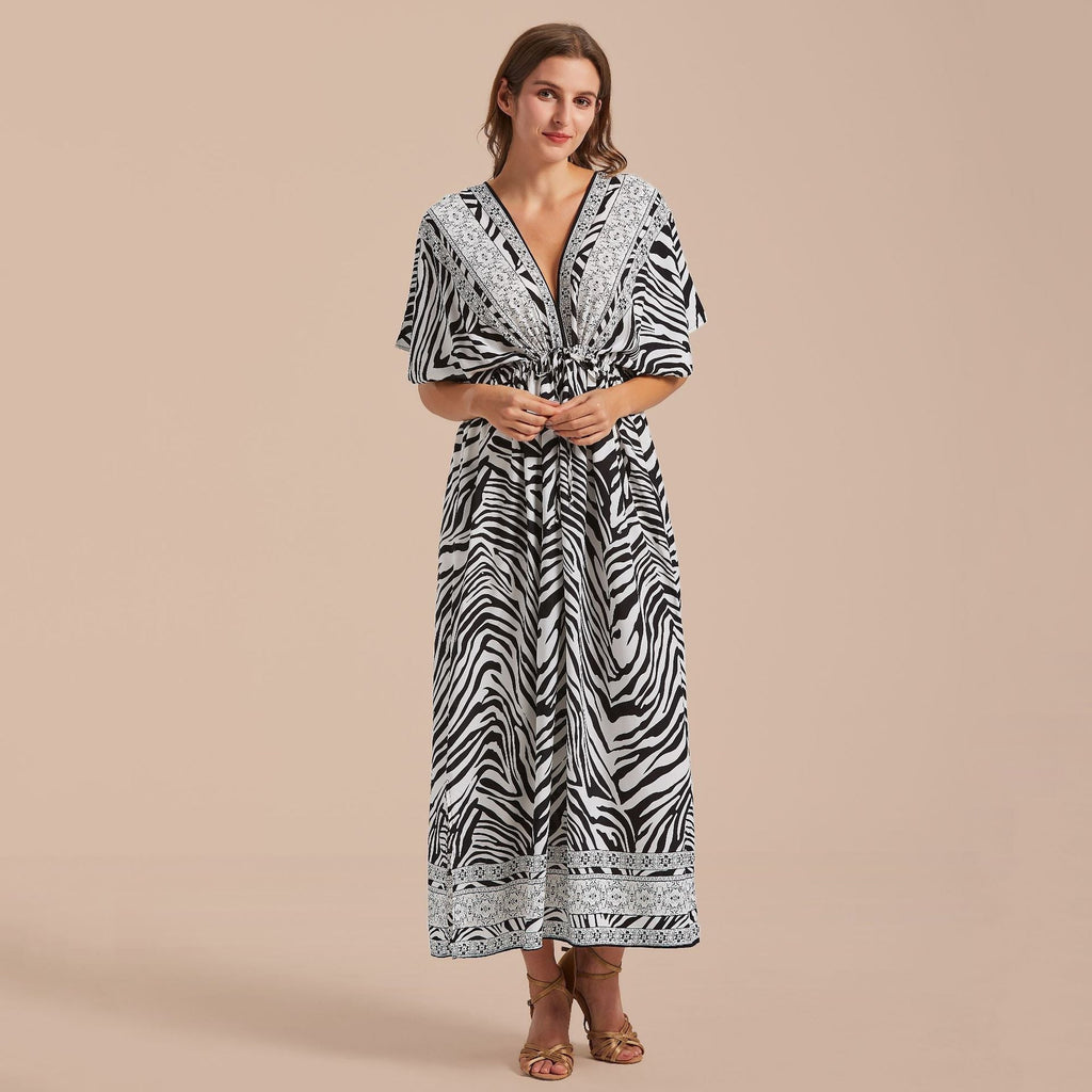 Printed Front Back V neck Pull Belt Holiday Casual Beach Bikini Cover Bella Mia