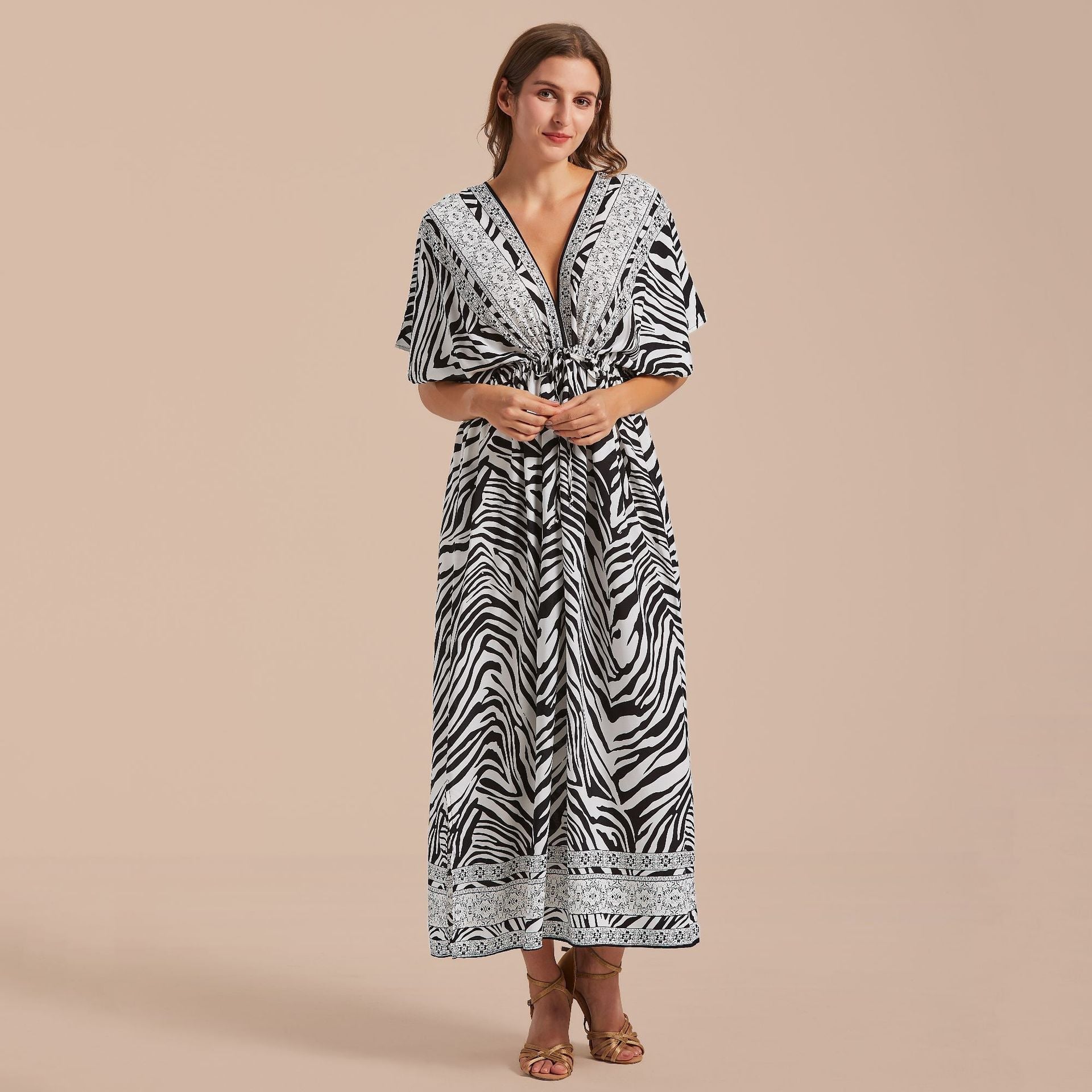Printed Front Back V neck Pull Belt Holiday Casual Beach Bikini Cover Bella Mia