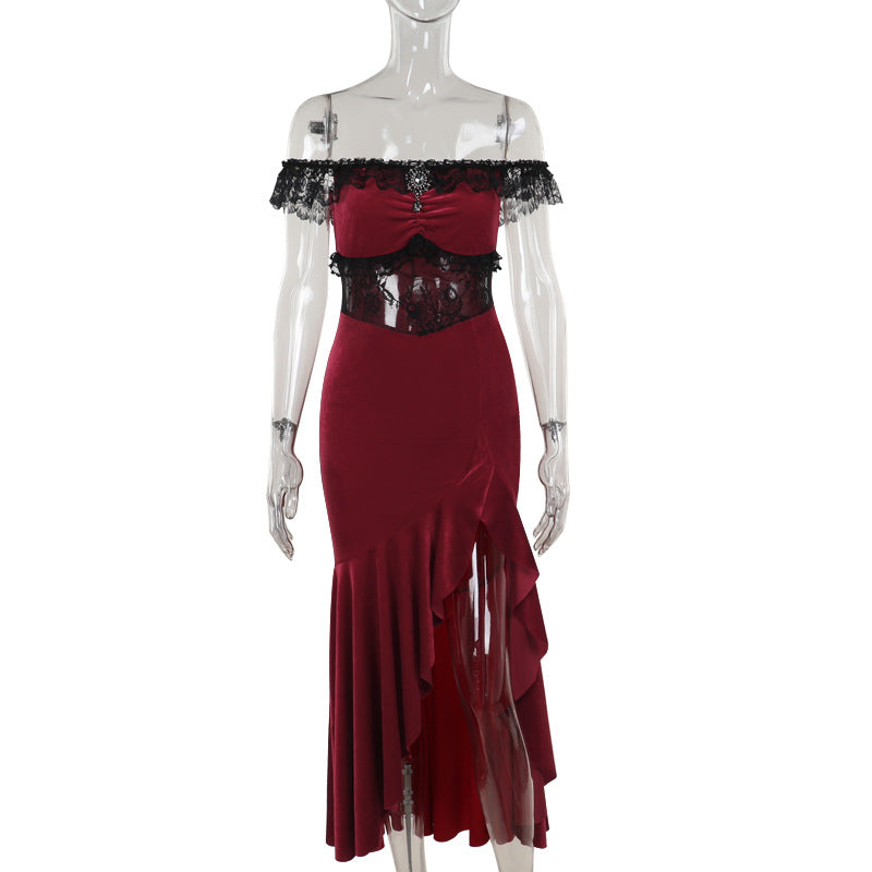 Autumn Socialite Adult Lady like Woman Sexy off the Shoulder Velvet Irregular Asymmetric Dress Women Bella Mia