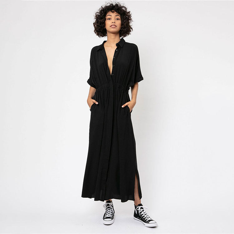 Solid Color Sexy Deep V-neck Single Breasted Beach Sun Protection Shirt Vacation Dress Beach Cover Up Bella Mia
