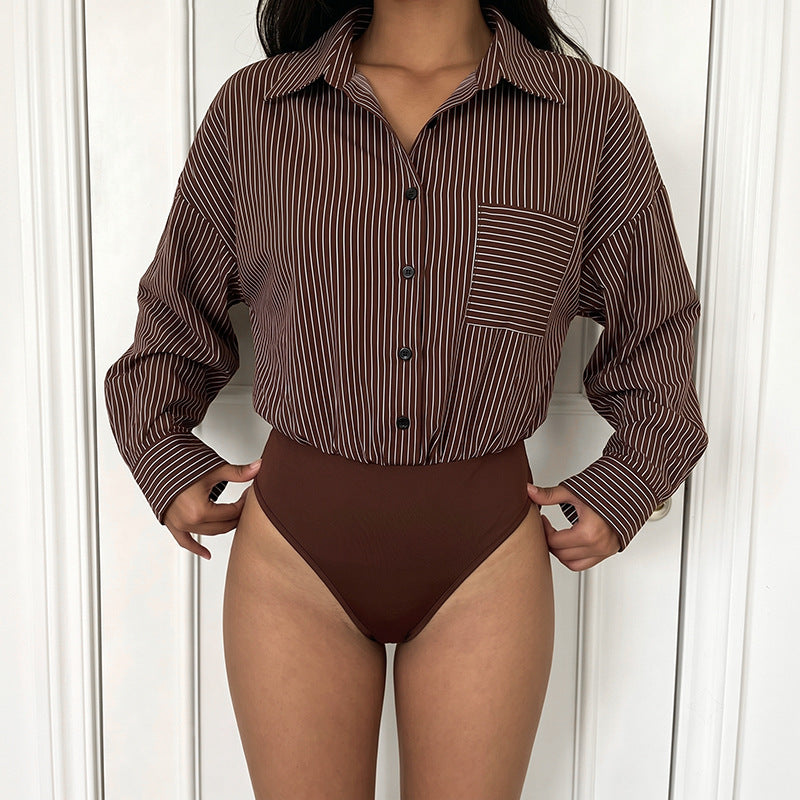 Shirt Jumpsuit Autumn Winter Long Sleeve Striped Stitching Office Casual Jumpsuit Women