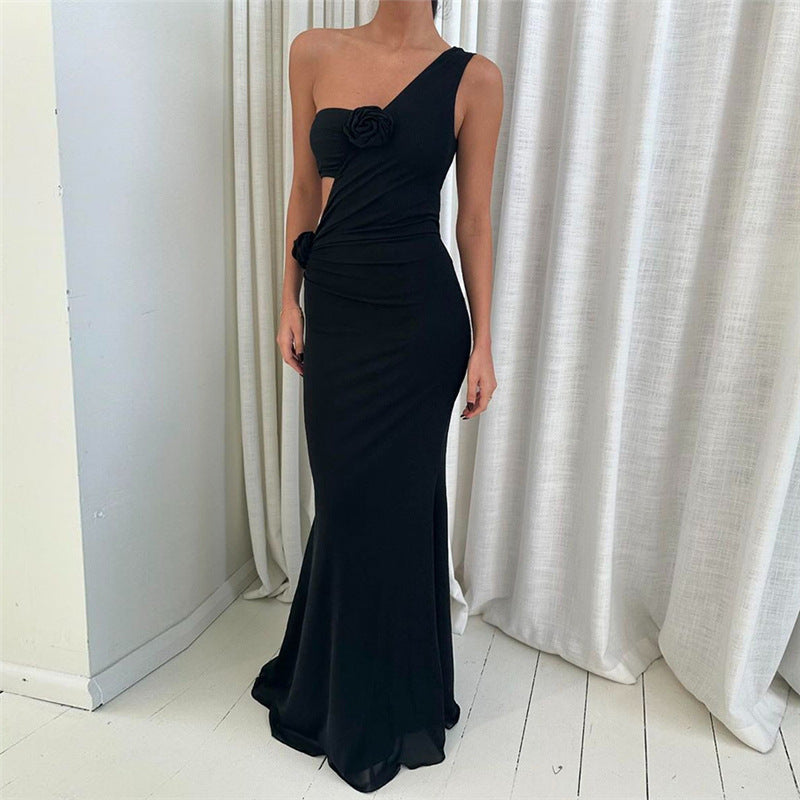 Spring Women Clothing Sexy Oblique Shoulder Hollow Out Cutout Slim Slimming Floral Decoration Solid Color Dress Women Bella Mia